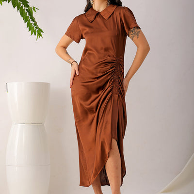 Women's Brown Straight Solid Round Neck Asymmetric Dress