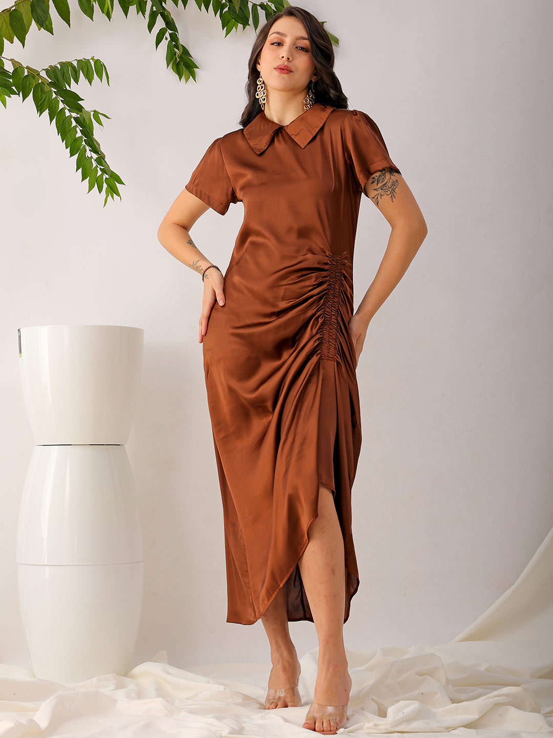 Women's Brown Straight Solid Round Neck Asymmetric Dress