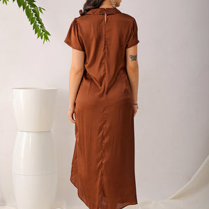 Women's Brown Straight Solid Round Neck Asymmetric Dress