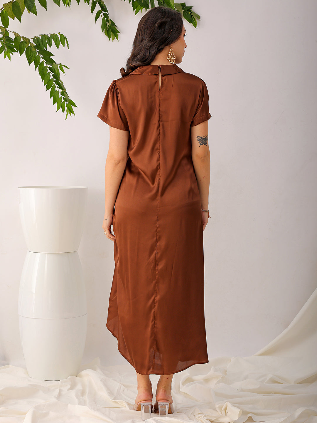 Women's Brown Straight Solid Round Neck Asymmetric Dress