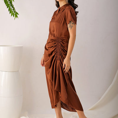 Women's Brown Straight Solid Round Neck Asymmetric Dress