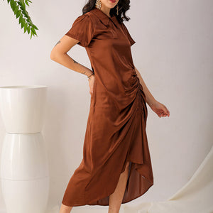 Women's Brown Straight Solid Round Neck Asymmetric Dress
