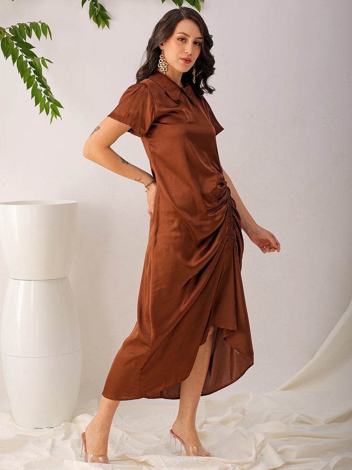 Women's Brown Straight Solid Round Neck Asymmetric Dress