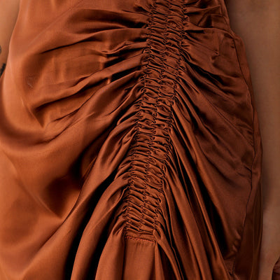 Women's Brown Straight Solid Round Neck Asymmetric Dress