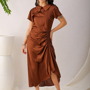 Women's Brown Straight Solid Round Neck Asymmetric Dress