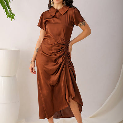 Women's Brown Straight Solid Round Neck Asymmetric Dress