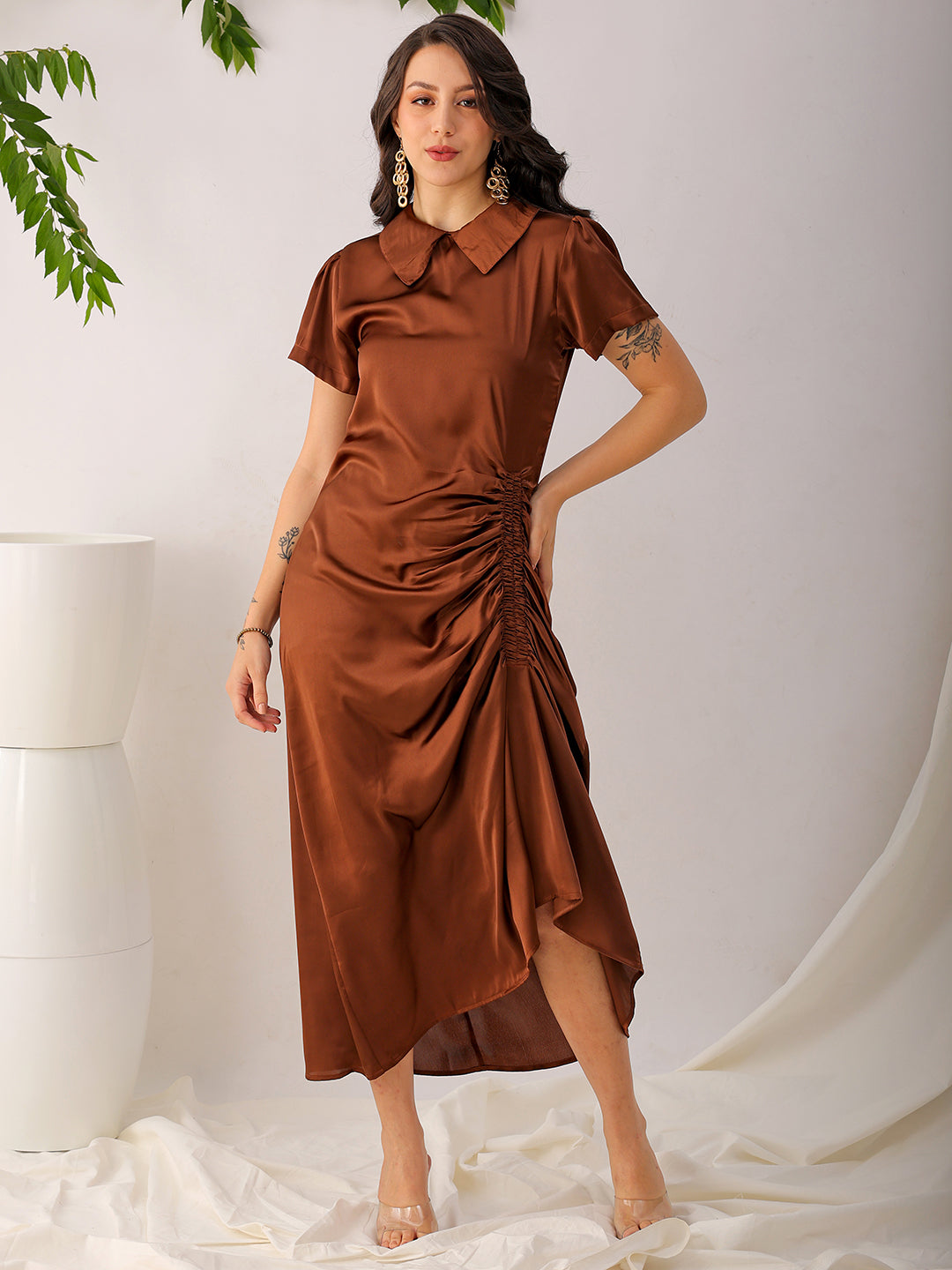 Women's Brown Straight Solid Round Neck Asymmetric Dress