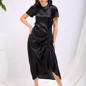 Women's Black Straight Solid Round Neck Asymmetric Dress