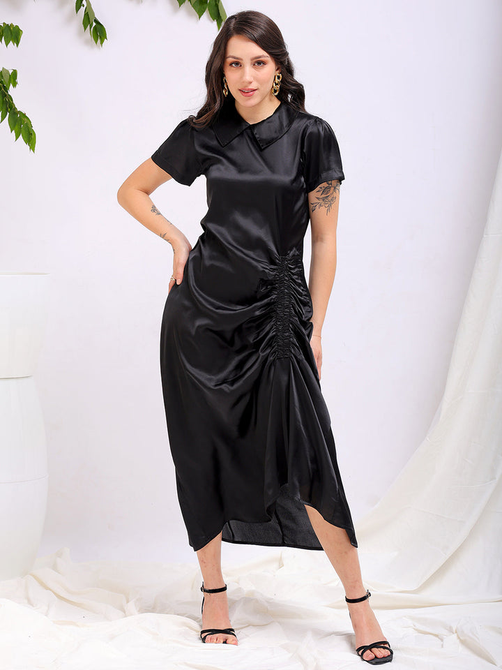 Women's Black Straight Solid Round Neck Asymmetric Dress