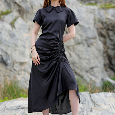 Women's Black Straight Solid Round Neck Asymmetric Dress