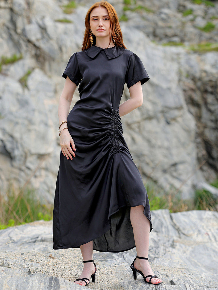 Women's Black Straight Solid Round Neck Asymmetric Dress