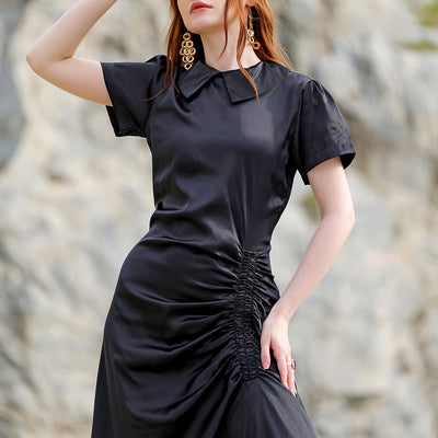 Women's Black Straight Solid Round Neck Asymmetric Dress