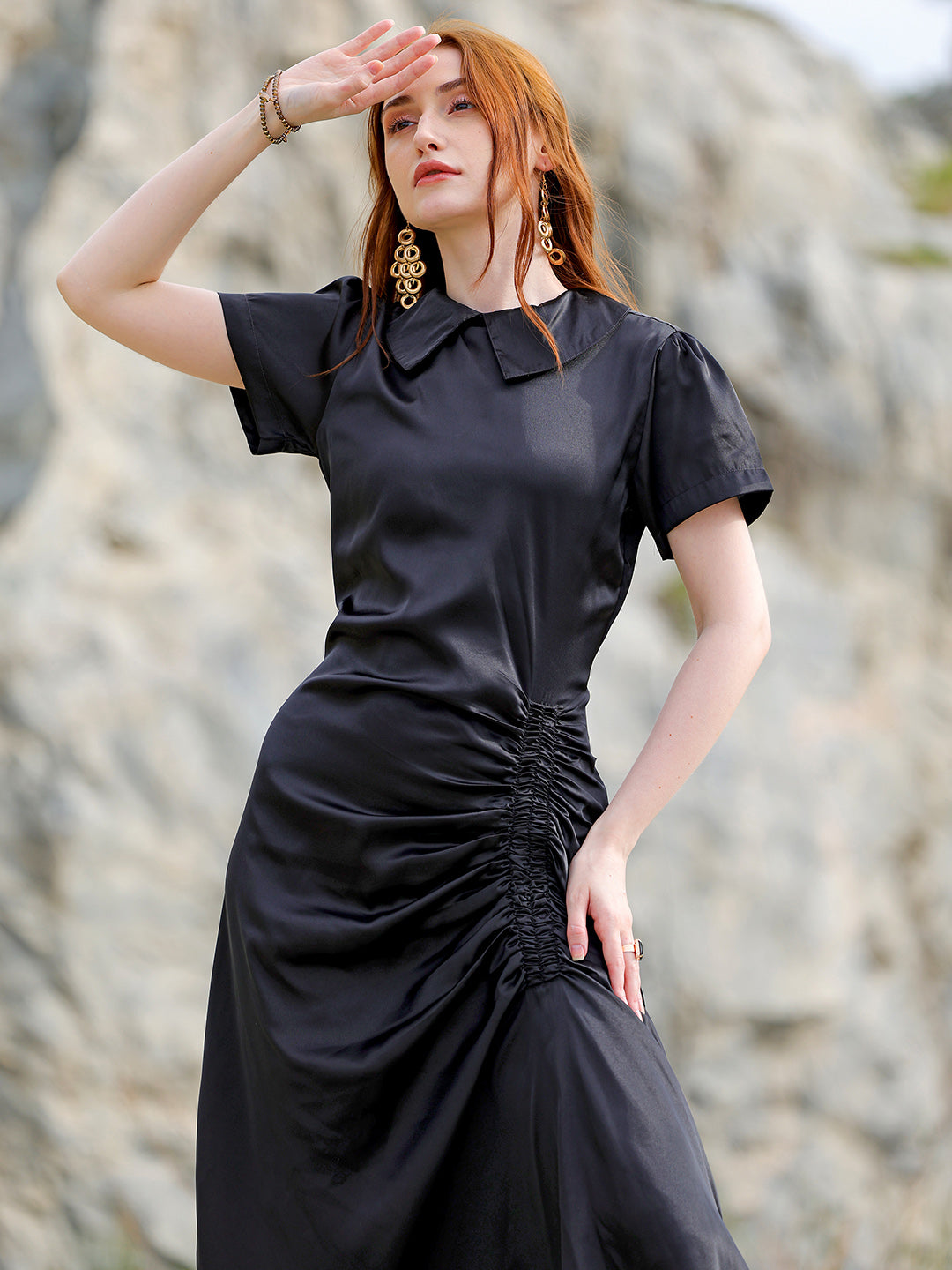 Women's Black Straight Solid Round Neck Asymmetric Dress