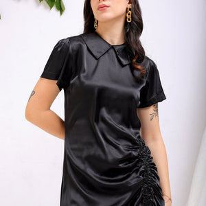 Women's Black Straight Solid Round Neck Asymmetric Dress