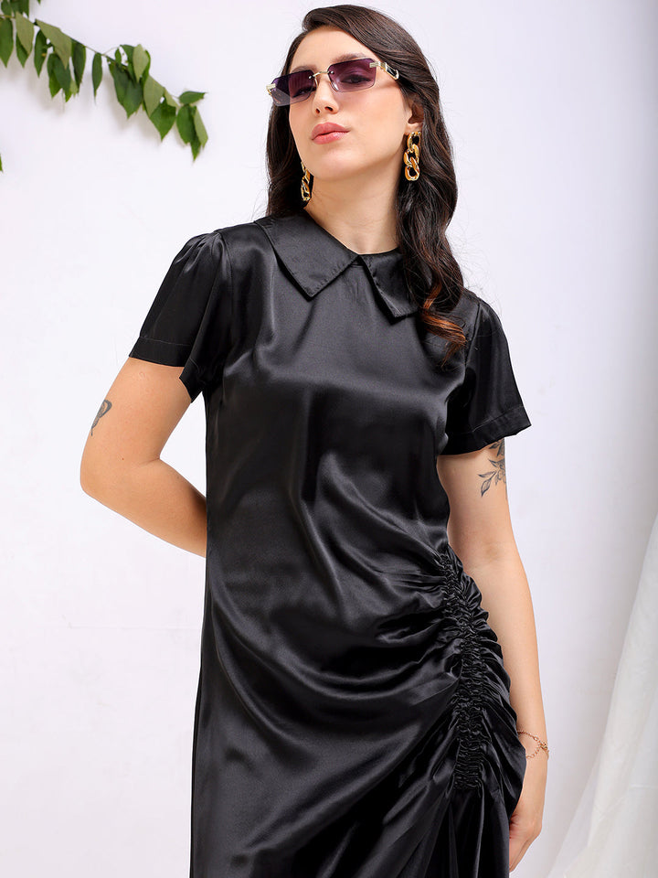 Women's Black Straight Solid Round Neck Asymmetric Dress