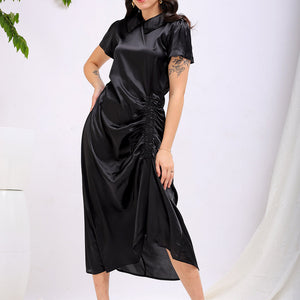 Women's Black Straight Solid Round Neck Asymmetric Dress