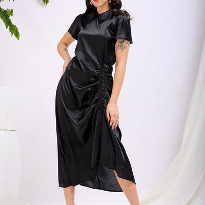 Women's Black Straight Solid Round Neck Asymmetric Dress