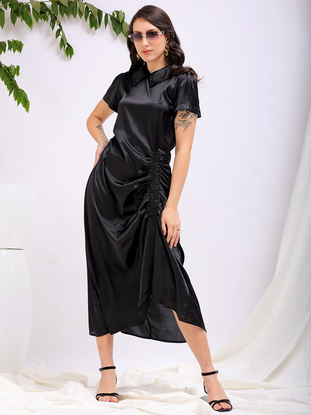 Women's Black Straight Solid Round Neck Asymmetric Dress