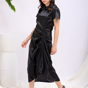 Women's Black Straight Solid Round Neck Asymmetric Dress