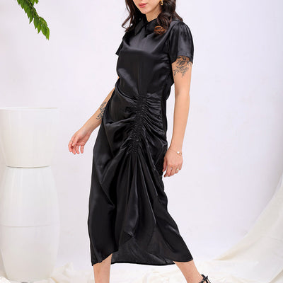 Women's Black Straight Solid Round Neck Asymmetric Dress