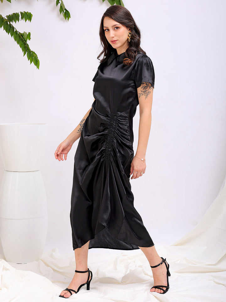 Women's Black Straight Solid Round Neck Asymmetric Dress