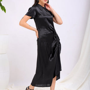 Women's Black Straight Solid Round Neck Asymmetric Dress