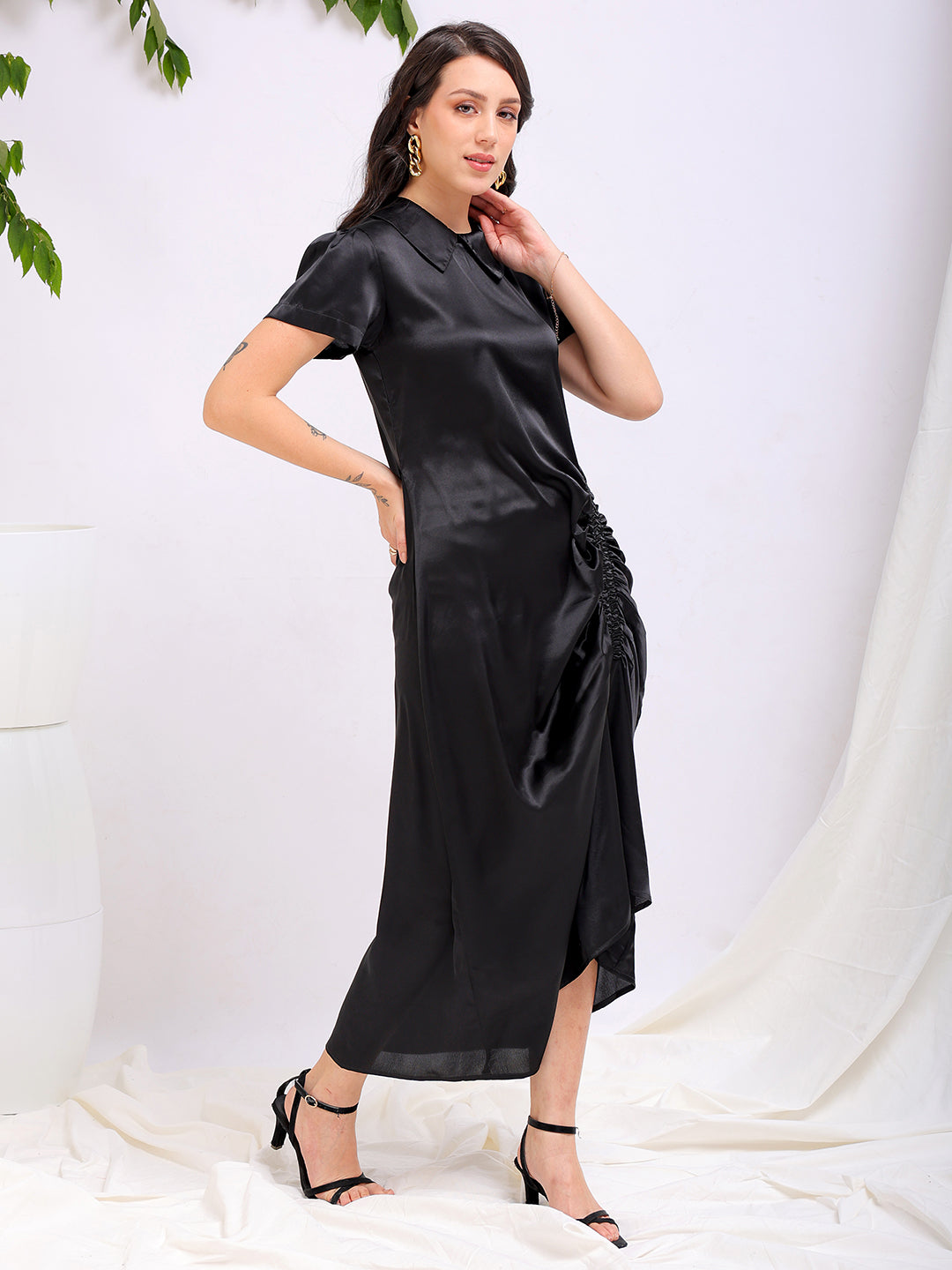 Women's Black Straight Solid Round Neck Asymmetric Dress