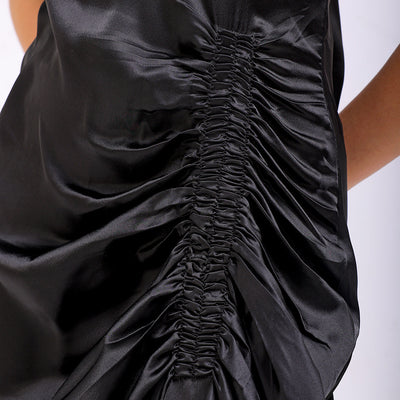 Women's Black Straight Solid Round Neck Asymmetric Dress