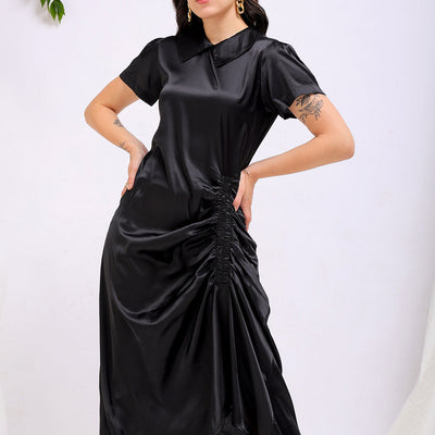 Women's Black Straight Solid Round Neck Asymmetric Dress