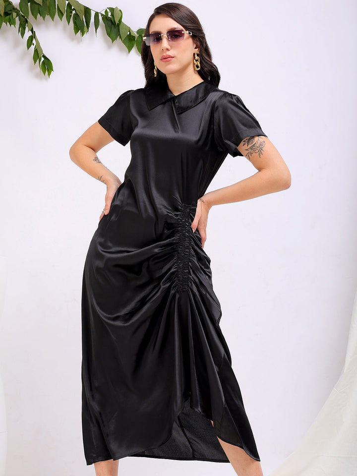 Women's Black Straight Solid Round Neck Asymmetric Dress