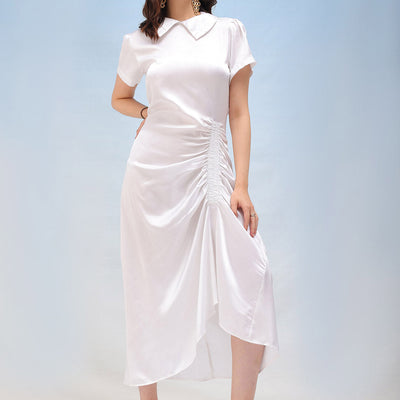 Women's Solid Satin Ruched Asymmetric Dress