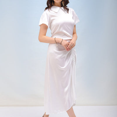 Women's Solid Satin Ruched Asymmetric Dress