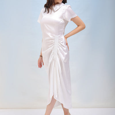 Women's Solid Satin Ruched Asymmetric Dress