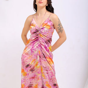 Women's Purple Regular Abstract V neck Ruched Dress