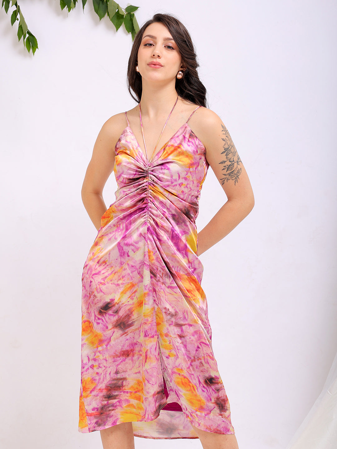 Women's Purple Regular Abstract V neck Ruched Dress