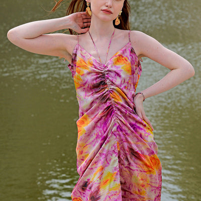 Women's Purple Regular Abstract V neck Ruched Dress