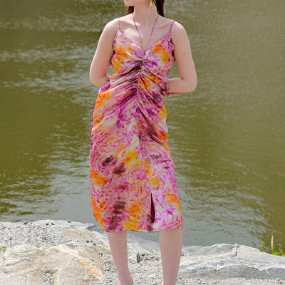 Women's Purple Regular Abstract V neck Ruched Dress