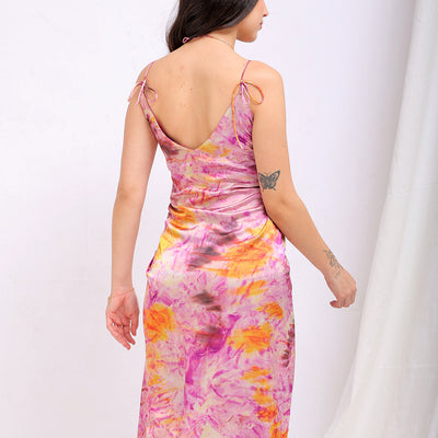 Women's Purple Regular Abstract V neck Ruched Dress