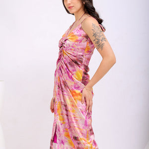 Women's Purple Regular Abstract V neck Ruched Dress