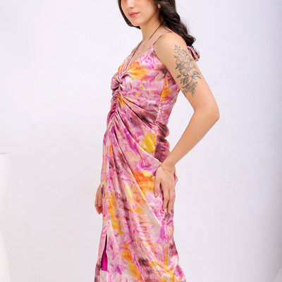 Women's Purple Regular Abstract V neck Ruched Dress