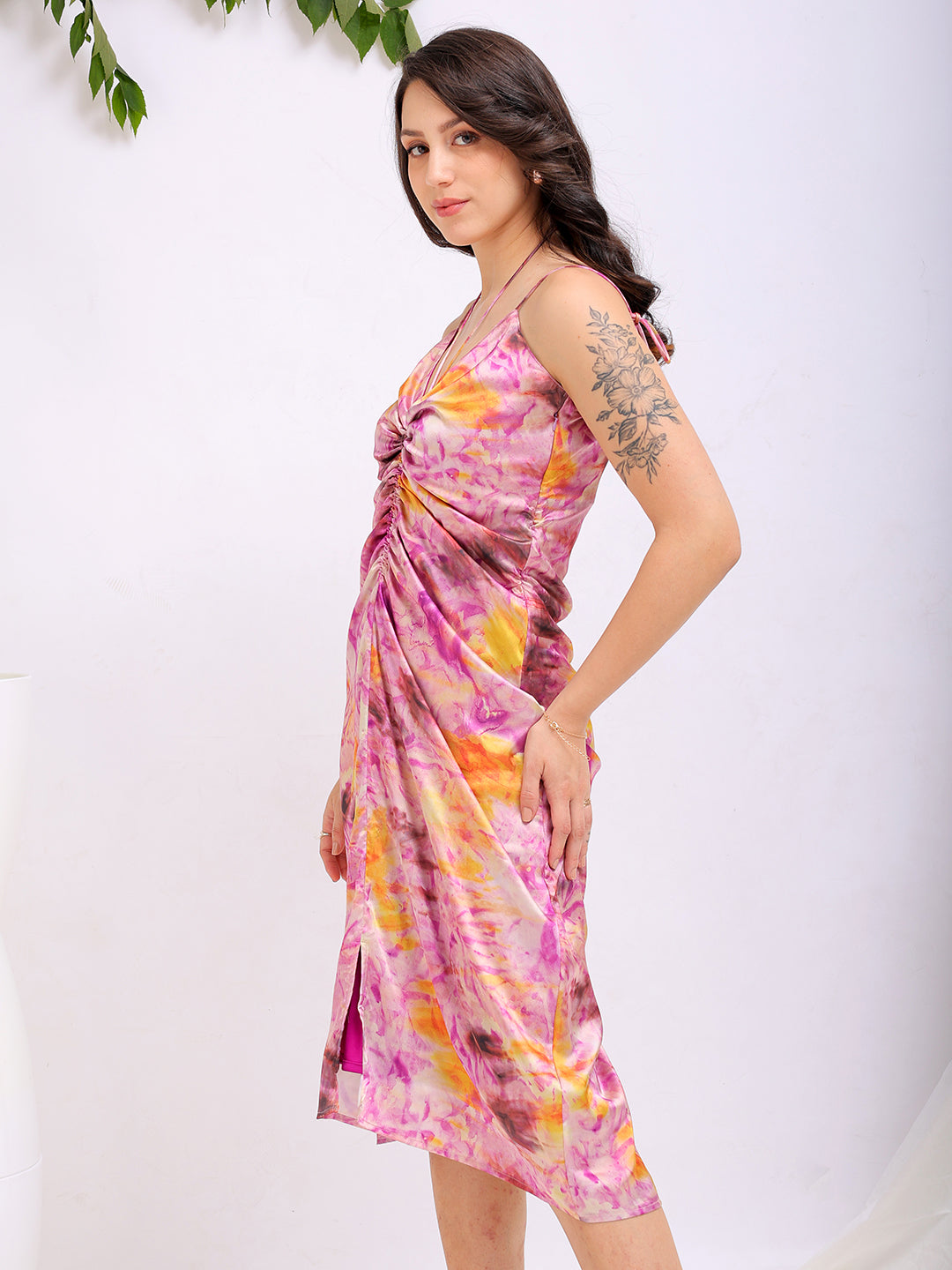 Women's Purple Regular Abstract V neck Ruched Dress