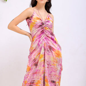 Women's Purple Regular Abstract V neck Ruched Dress