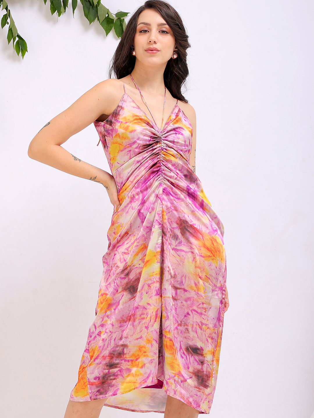 Women's Purple Regular Abstract V neck Ruched Dress