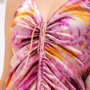 Women's Purple Regular Abstract V neck Ruched Dress