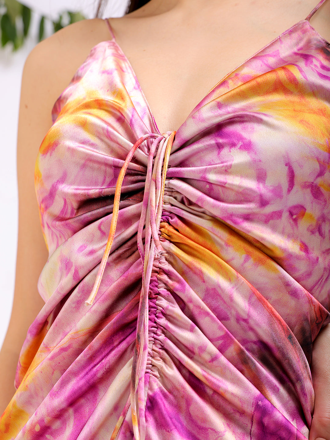 Women's Purple Regular Abstract V neck Ruched Dress