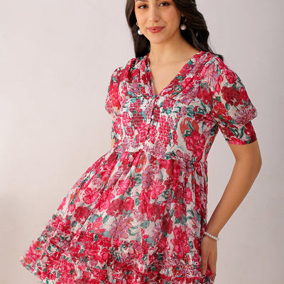 Women's White Fit And Flare Floral V neck Ruffle Dress