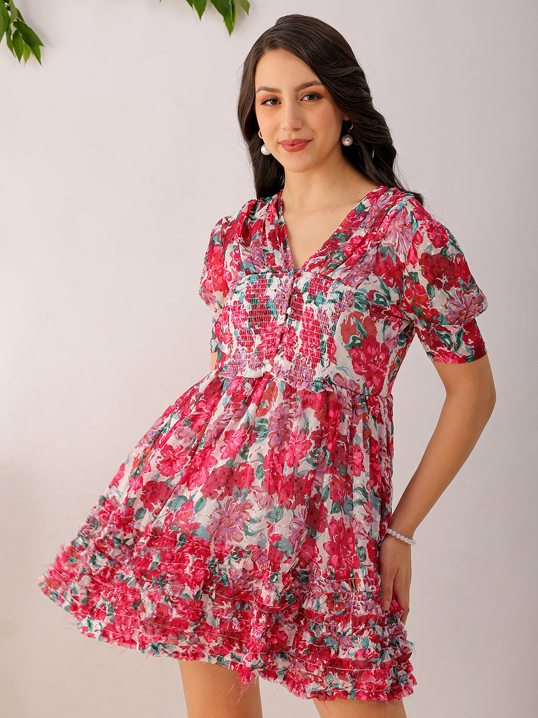 Women's White Fit And Flare Floral V neck Ruffle Dress