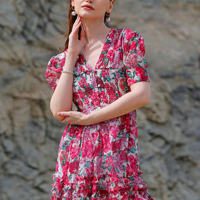 Women's White Fit And Flare Floral V neck Ruffle Dress