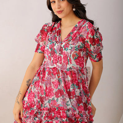 Women's White Fit And Flare Floral V neck Ruffle Dress