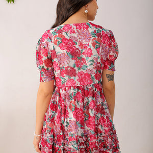 Women's White Fit And Flare Floral V neck Ruffle Dress